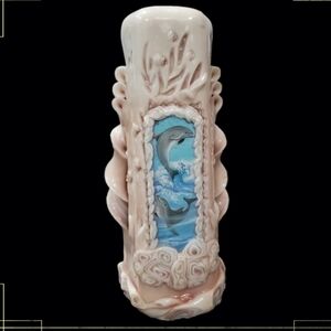 Hand Carved 80s Ribbon Candle with Playful Dolphins Never Used Vintage